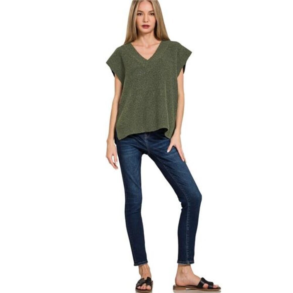 Zenana Ribbed Slit V-Neck Sweater Vest